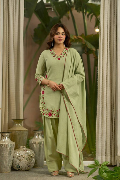 Mal Chanderi Cotton Suit Set with Rose Embroidery-3 Colors