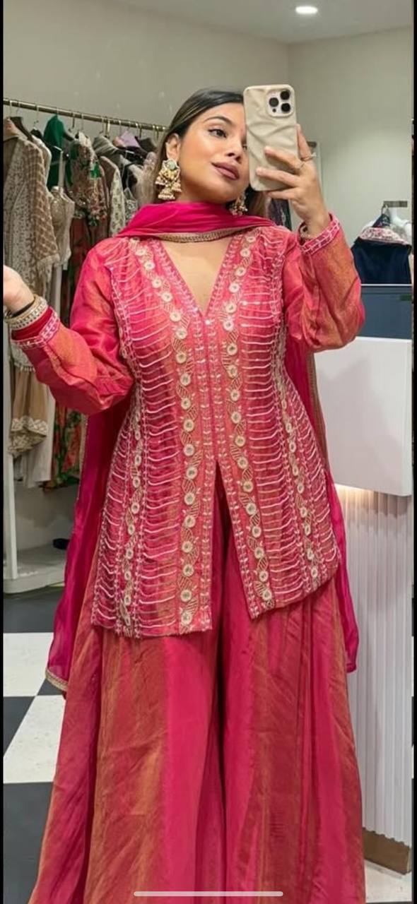 Heavy Shimmer Silk Handwork Embroidered Suit Set – Pink