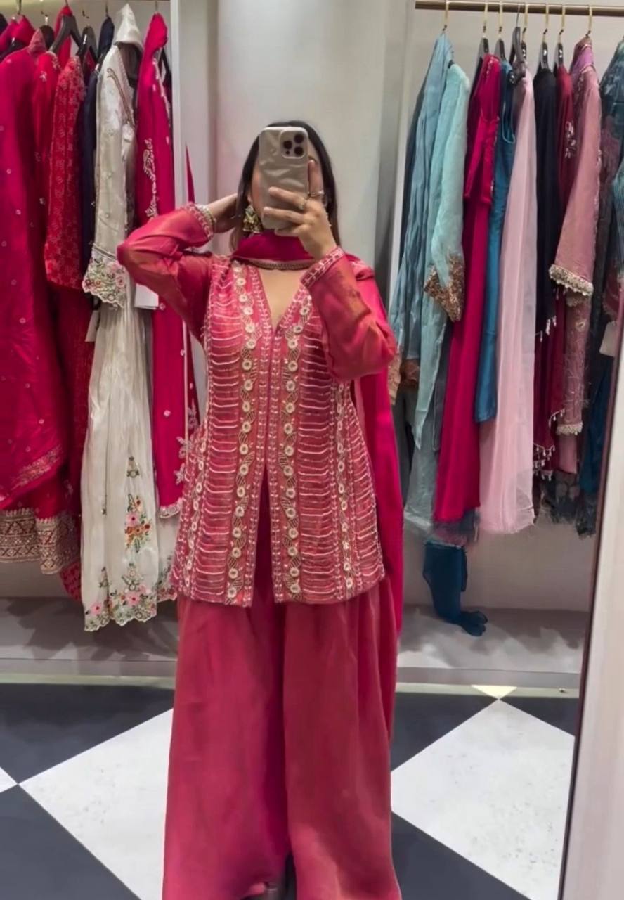 Heavy Shimmer Silk Handwork Embroidered Suit Set – Pink