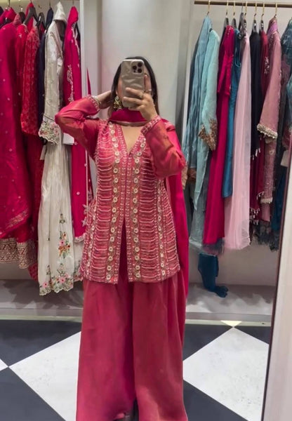 Heavy Shimmer Silk Handwork Embroidered Suit Set – Pink