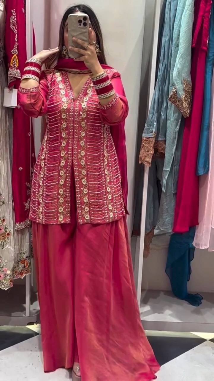 Heavy Shimmer Silk Handwork Embroidered Suit Set – Pink