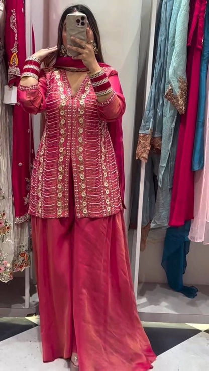 Heavy Shimmer Silk Handwork Embroidered Suit Set – Pink