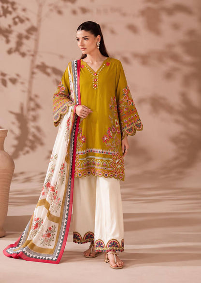 Heavy Roman Cotton Suit Set with Floral Embroidery & Digital Print Dupatta