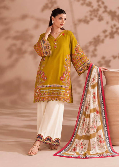 Heavy Roman Cotton Suit Set with Floral Embroidery & Digital Print Dupatta