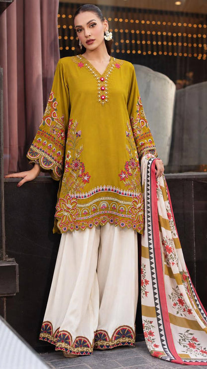 Heavy Roman Cotton Suit Set with Floral Embroidery & Digital Print Dupatta
