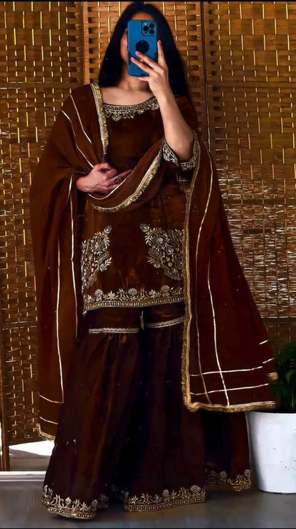 Natural Crepe Kurti with Sequence Embroidery & Sharara Palazzo