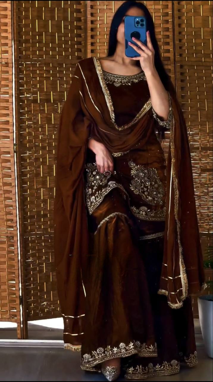 Natural Crepe Kurti with Sequence Embroidery & Sharara Palazzo