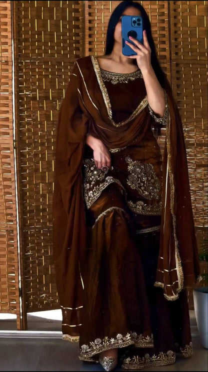 Natural Crepe Kurti with Sequence Embroidery & Sharara Palazzo