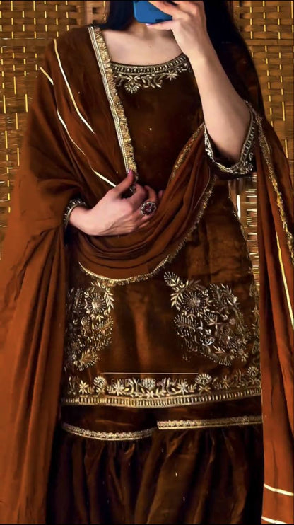 Natural Crepe Kurti with Sequence Embroidery & Sharara Palazzo