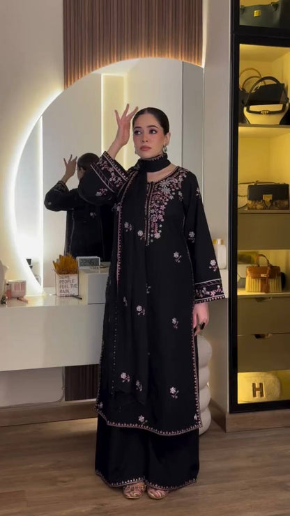 Rayon Satin Suit Set with Intricate Thread & Sequence Work – Black