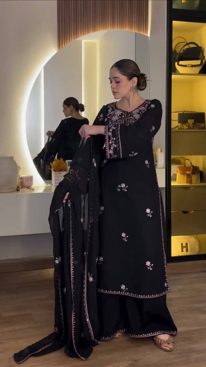 Rayon Satin Suit Set with Intricate Thread & Sequence Work – Black