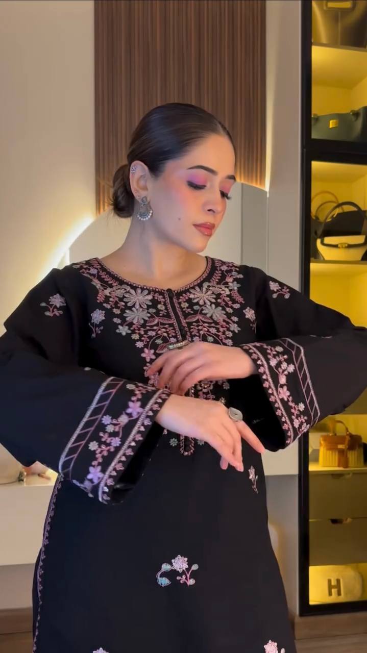 Rayon Satin Suit Set with Intricate Thread & Sequence Work – Black