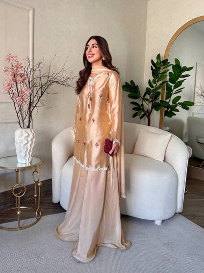 Beige Japan Satin Suit Set with Floral Thread Work & Crepe Palazzo