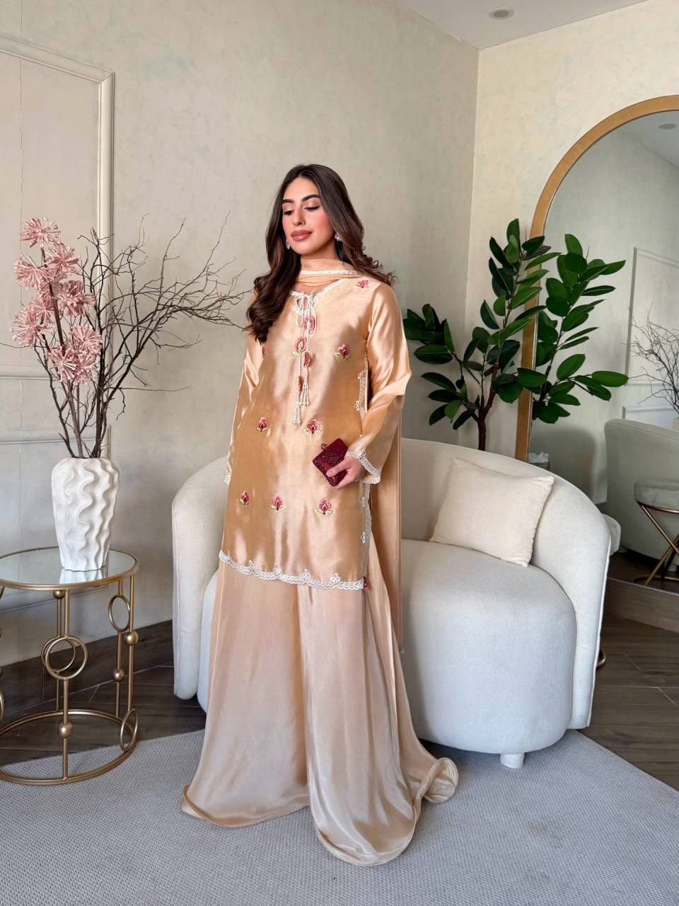Beige Japan Satin Suit Set with Floral Thread Work & Crepe Palazzo