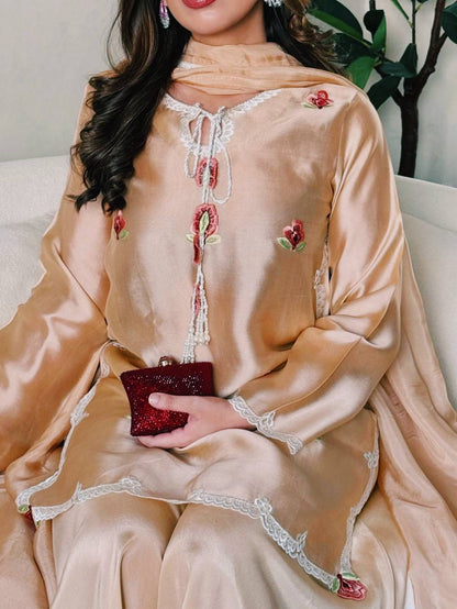 Beige Japan Satin Suit Set with Floral Thread Work & Crepe Palazzo