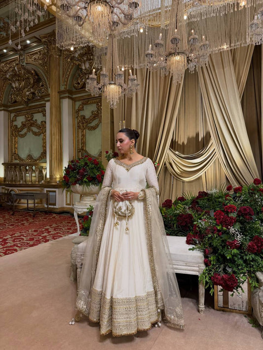 Off-White Vichitra Silk Anarkali Gown Set with Sequence Embroidery & Organza Dupatta