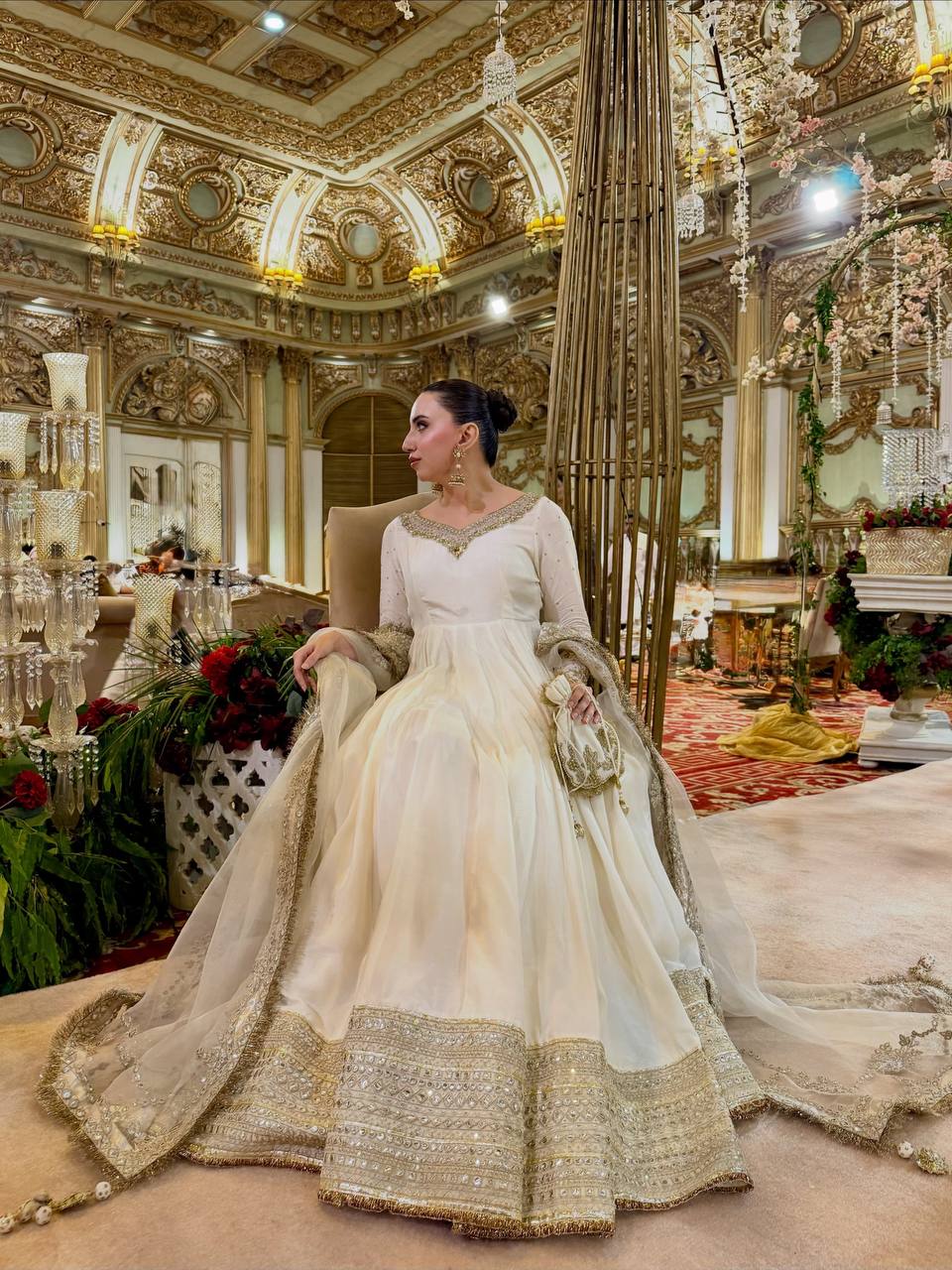 Off-White Vichitra Silk Anarkali Gown Set with Sequence Embroidery & Organza Dupatta