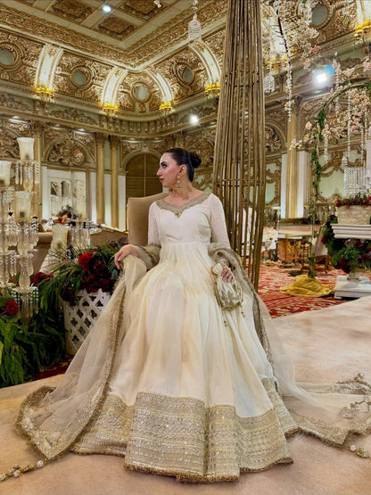 Off-White Vichitra Silk Anarkali Gown Set with Sequence Embroidery & Organza Dupatta