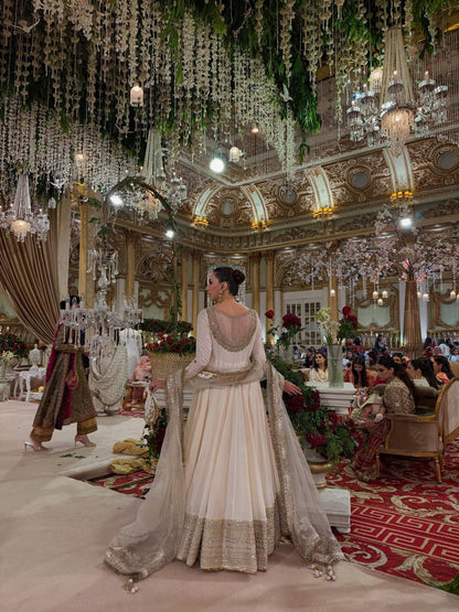 Off-White Vichitra Silk Anarkali Gown Set with Sequence Embroidery & Organza Dupatta