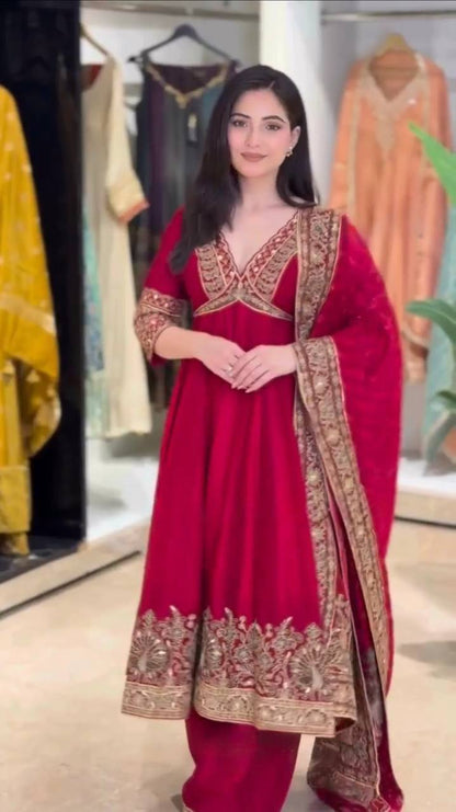 Fully Stitched Red Suit with Thread, Sequence & Coding Embroidery