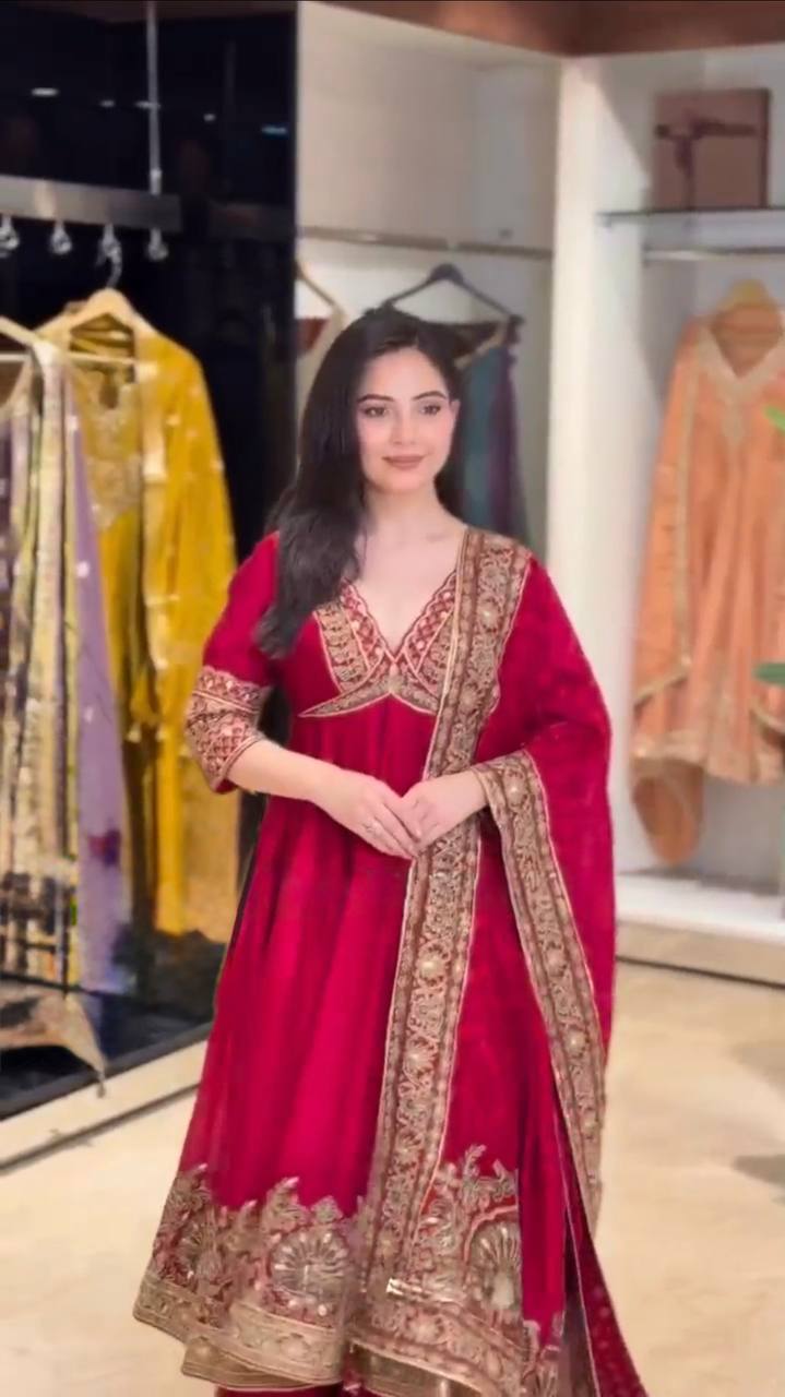 Fully Stitched Red Suit with Thread, Sequence & Coding Embroidery