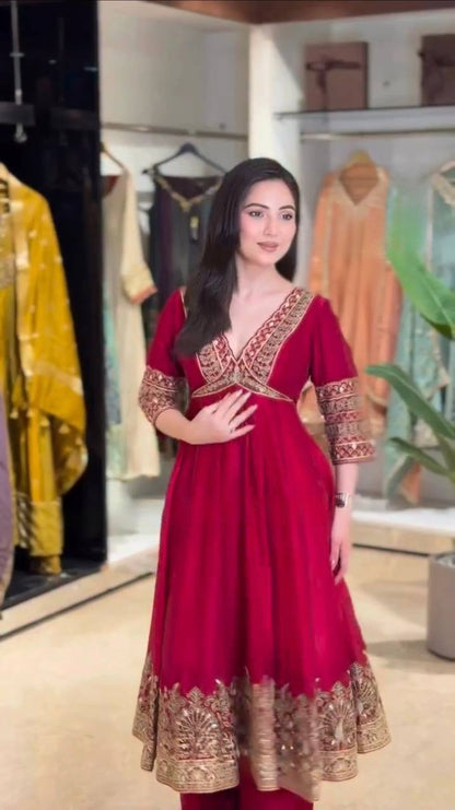 Fully Stitched Red Suit with Thread, Sequence & Coding Embroidery