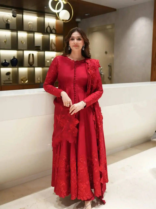 Fully Stitched Red Suit Set with Thread & Sequence Embroidery