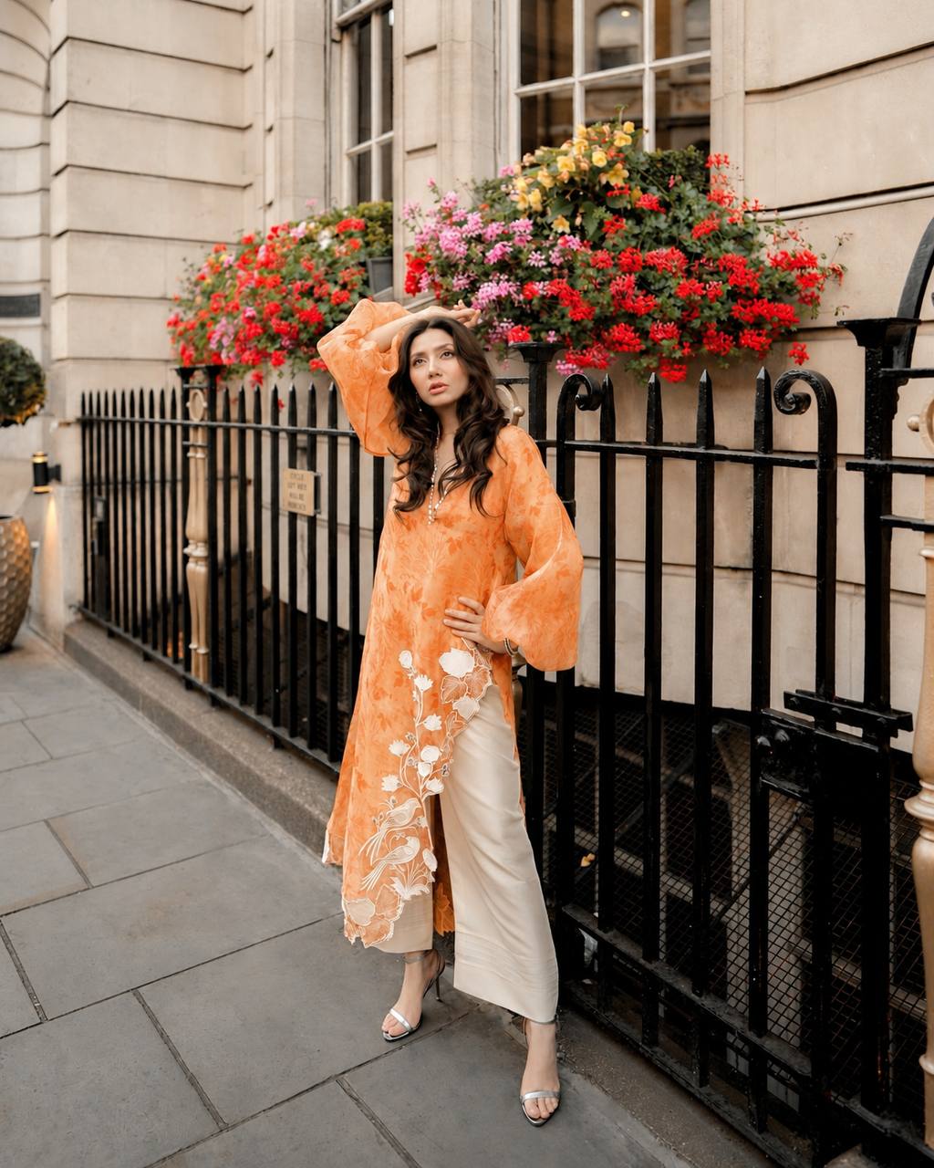Organza Digital Print Kurti with Cutwork Hem & Balloon Sleeves – 4 Colors