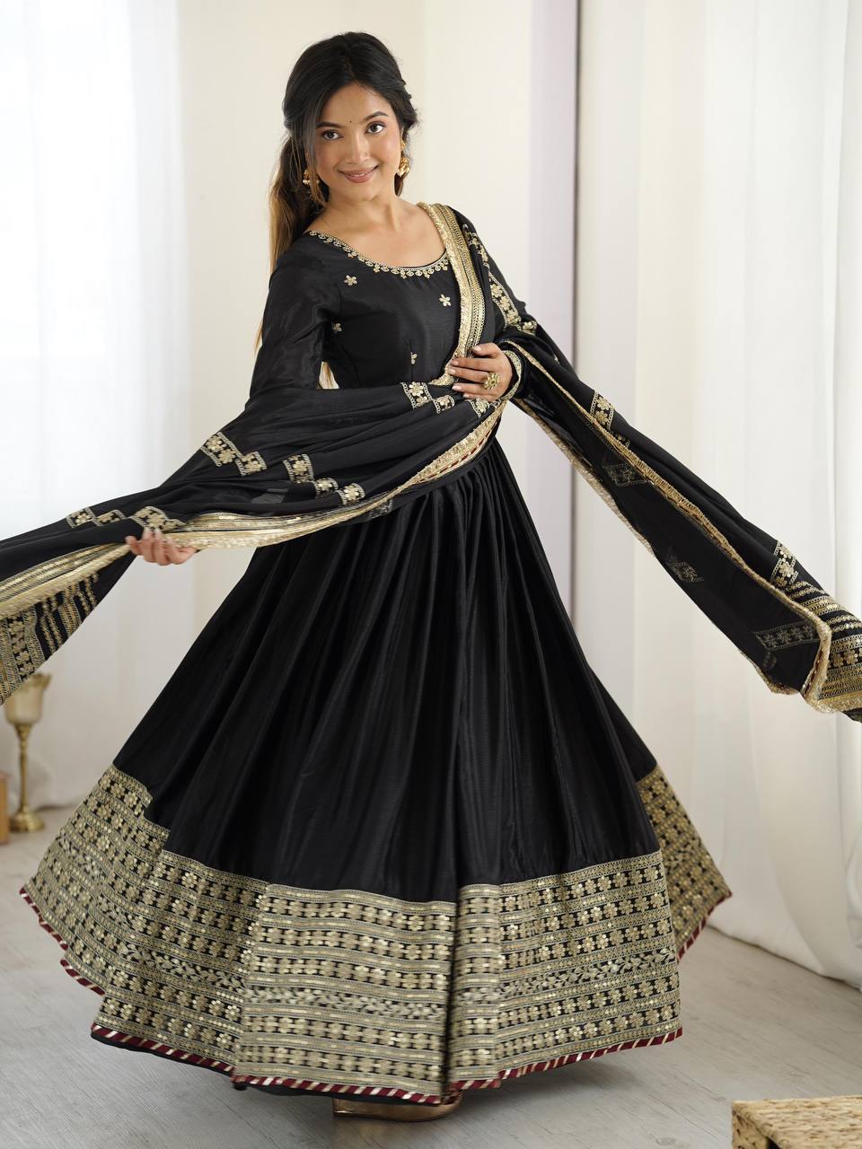 Chinon Anarkali Gown with Sequence Lace Border – Available in 2 Colors