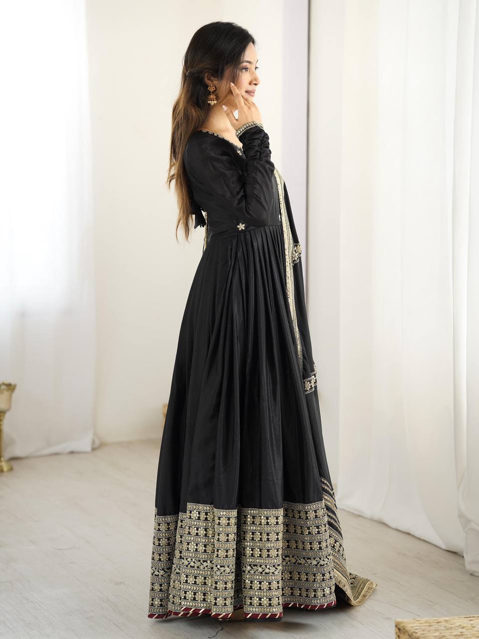 Chinon Anarkali Gown with Sequence Lace Border – Available in 2 Colors