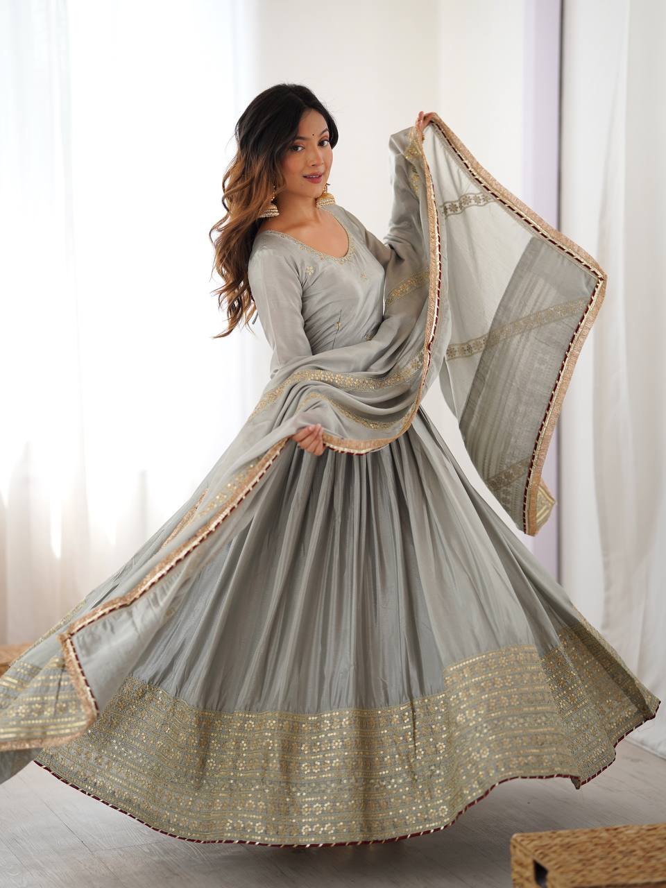 Chinon Anarkali Gown with Sequence Lace Border – Available in 2 Colors