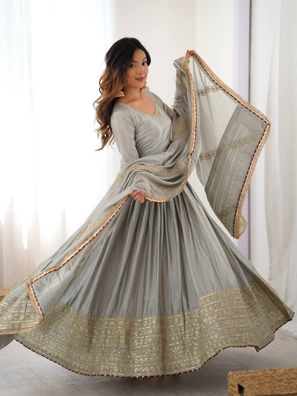 Chinon Anarkali Gown with Sequence Lace Border – Available in 2 Colors