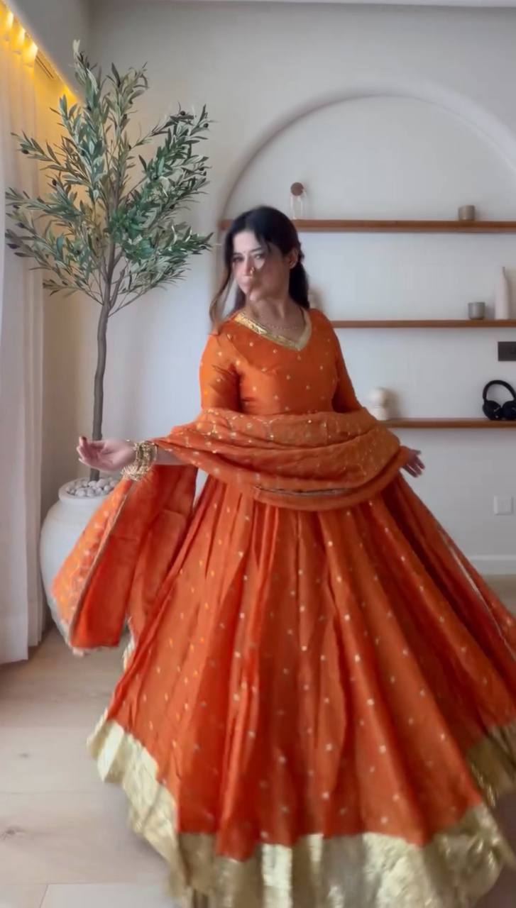 Rust Orange Vichitra Silk Anarkali Lehenga Set with Dupatta