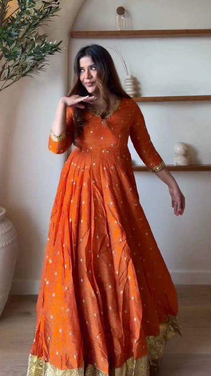 Rust Orange Vichitra Silk Anarkali Lehenga Set with Dupatta
