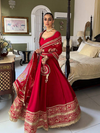 Red Vichitra Silk Anarkali Gown with Cutwork & Fancy Lace