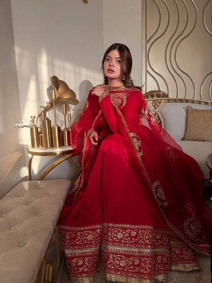 Red Vichitra Silk Anarkali Gown with Cutwork & Fancy Lace