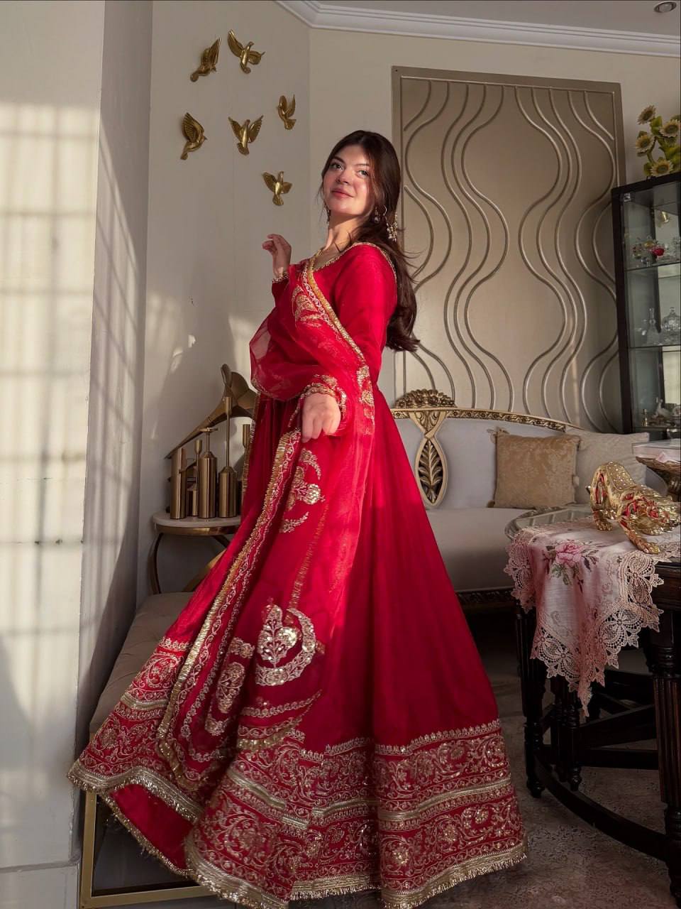 Red Vichitra Silk Anarkali Gown with Cutwork & Fancy Lace