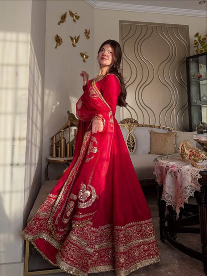 Red Vichitra Silk Anarkali Gown with Cutwork & Fancy Lace