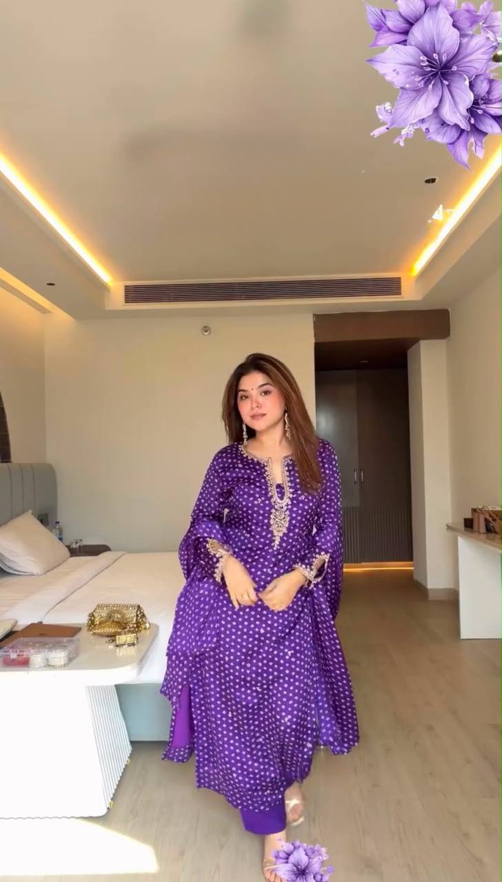 Satin Georgette Digital Print Kurta Pant Set – Purple