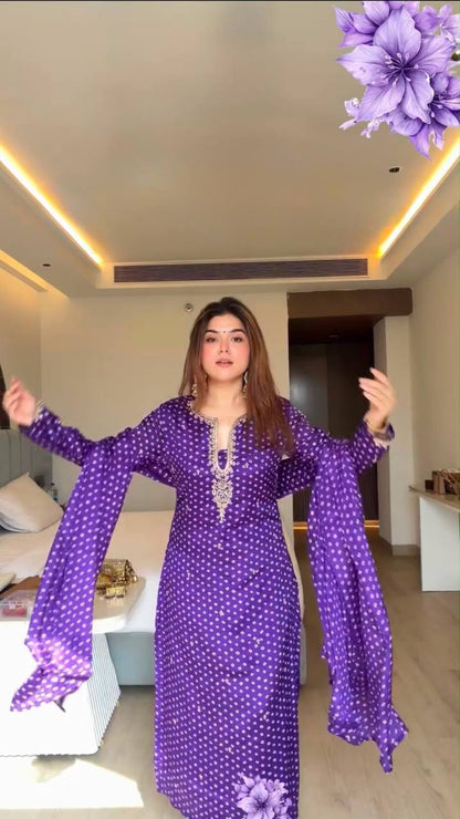 Satin Georgette Digital Print Kurta Pant Set – Purple
