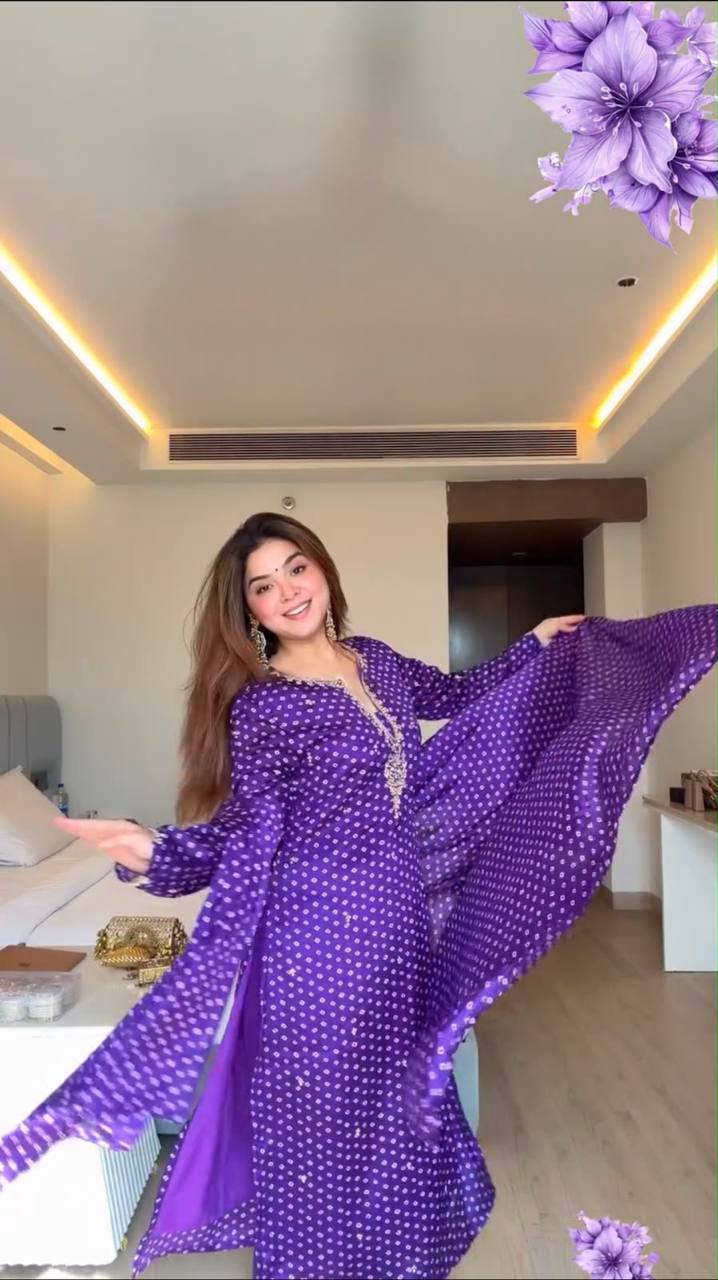 Satin Georgette Digital Print Kurta Pant Set – Purple