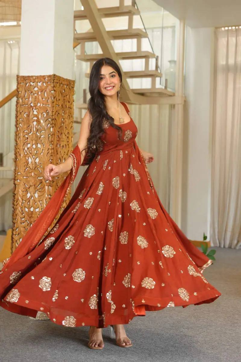 Karishma Silk Gown with Scattered Sequence Work – Rust Orange