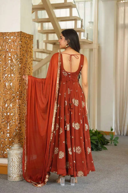 Karishma Silk Gown with Scattered Sequence Work – Rust Orange