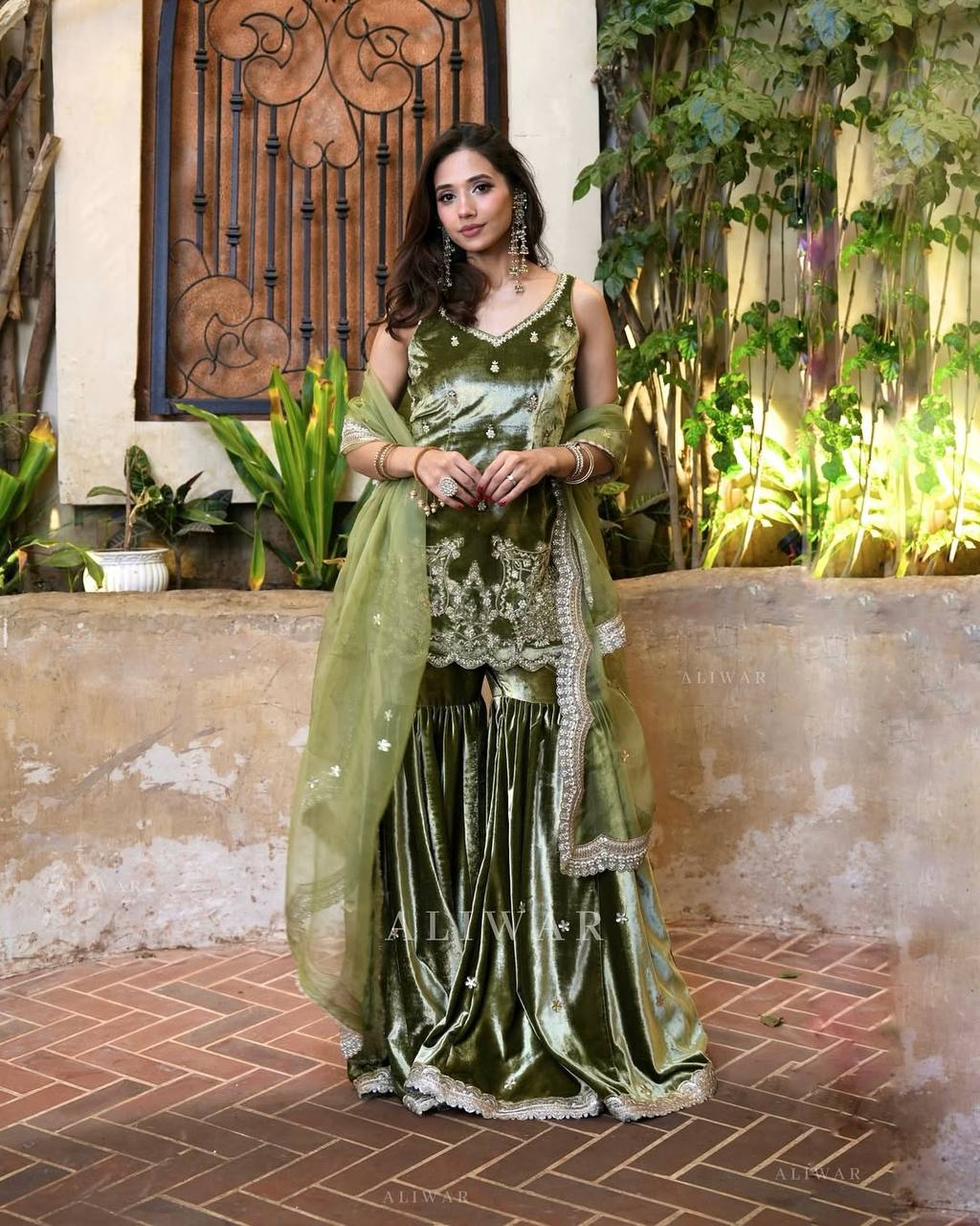 Olive Green Velvet Embroidered Sharara Suit Set with Dupatta