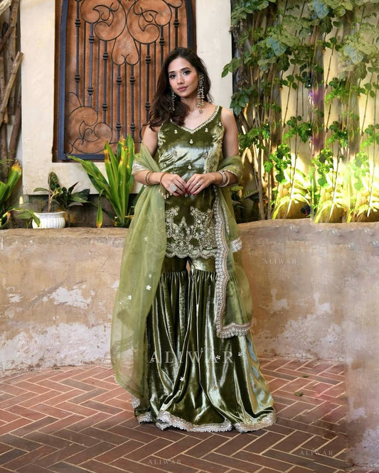 Olive Green Velvet Embroidered Sharara Suit Set with Dupatta