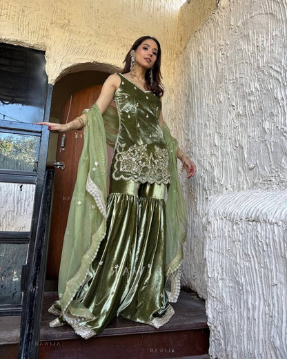 Olive Green Velvet Embroidered Sharara Suit Set with Dupatta