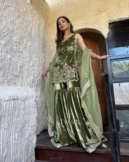 Olive Green Velvet Embroidered Sharara Suit Set with Dupatta