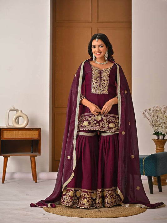 Wine Maroon Embroidered Sharara Suit Set with Gold Border