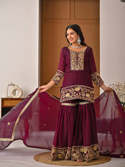 Wine Maroon Embroidered Sharara Suit Set with Gold Border