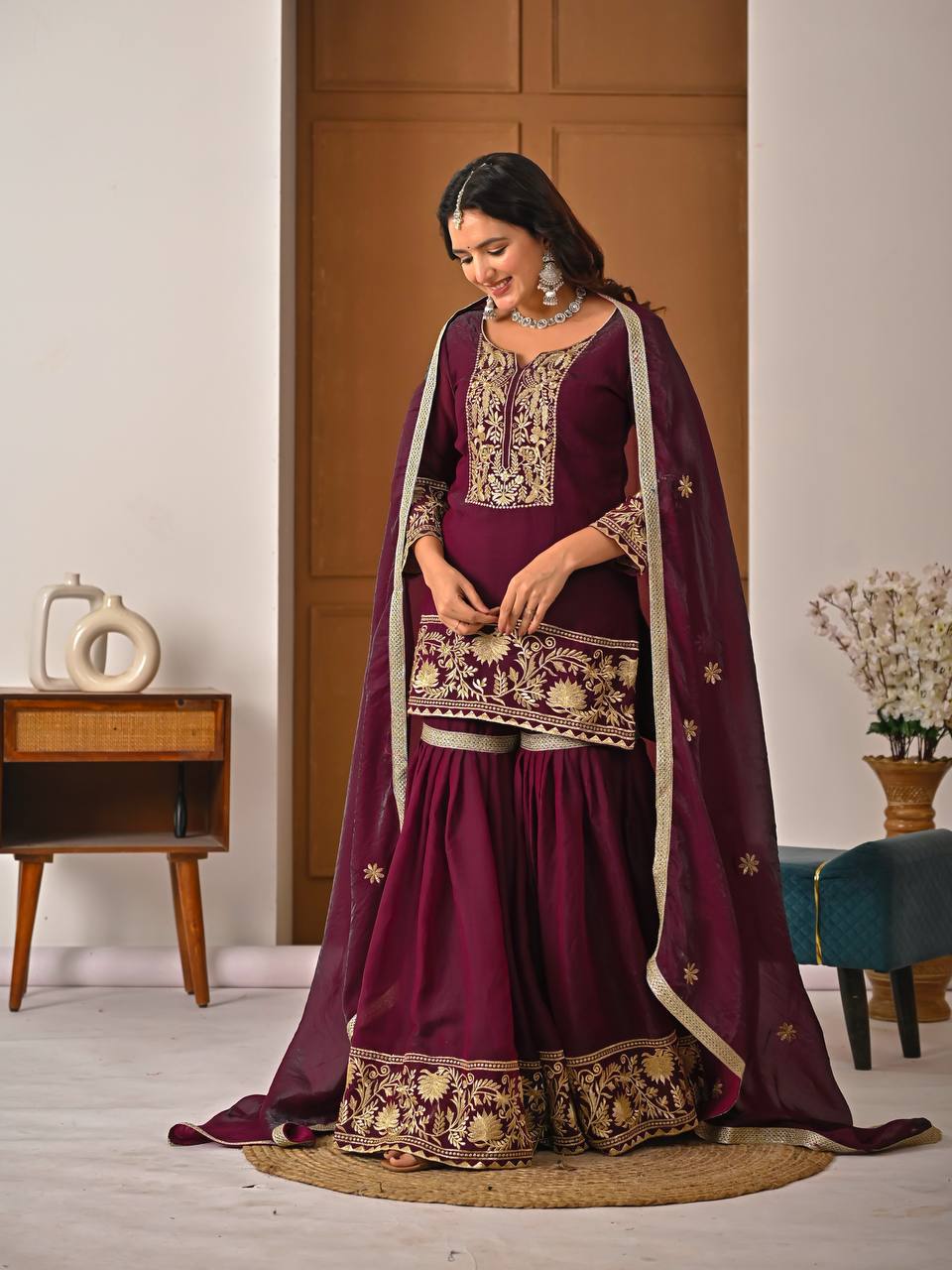 Wine Maroon Embroidered Sharara Suit Set with Gold Border